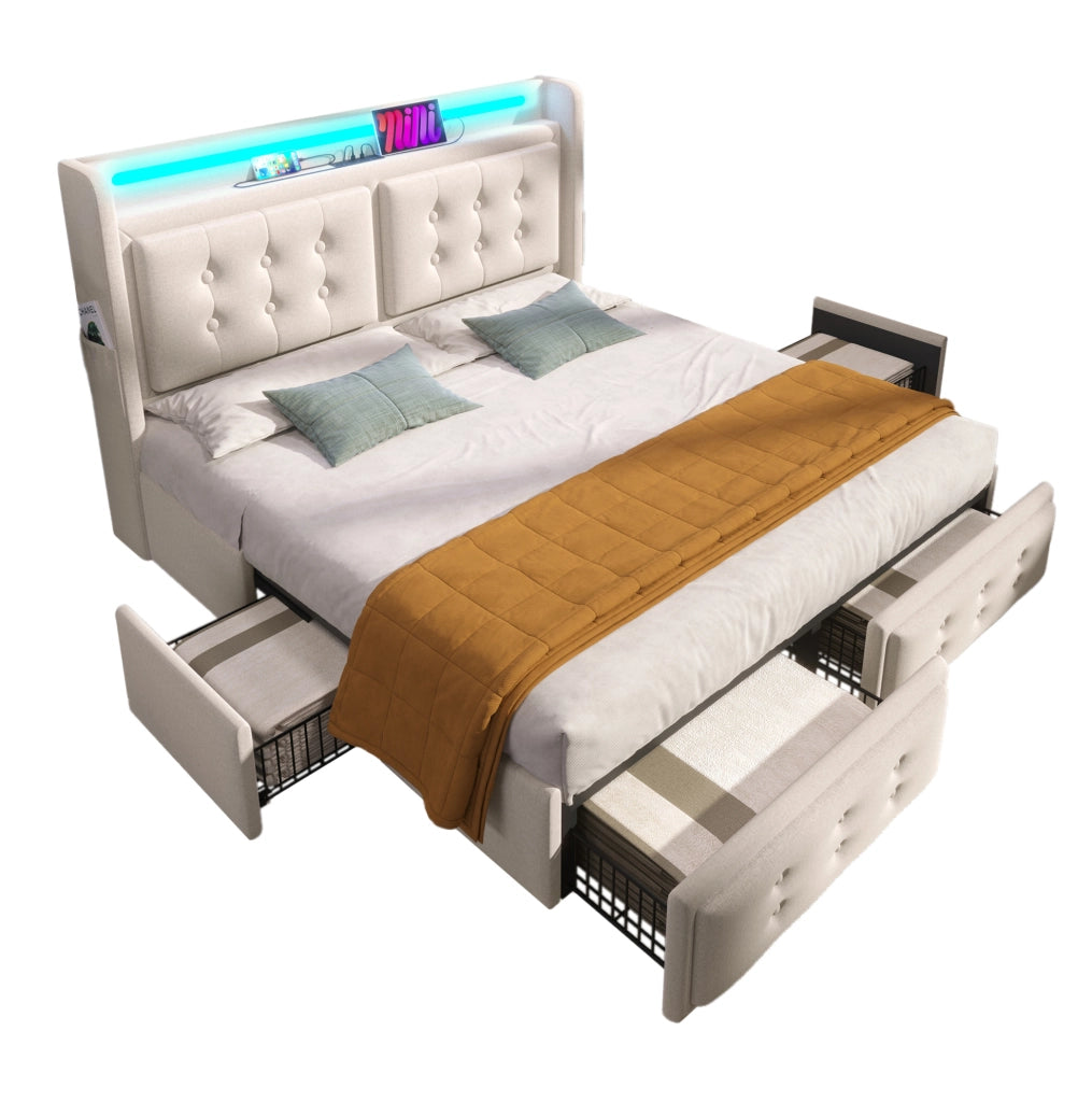 Letto imbottito beige 180 x 200 cm con LED, ricarica e 4 cassetti