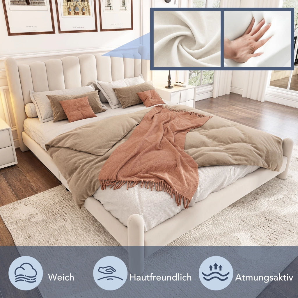 Letto Matrimoniale 180x200 cm; 2 Posti - Testiera ondulata e gambe cilindriche - Beige