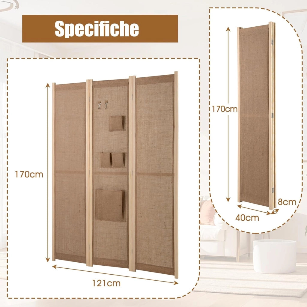 Paravento a 3 Pannelli, Separé Divisorio da Interno in Lino Finto con Tasche di Stoccaggio e Ganci, Pannelli Divisori Pieghevole per Camera da Letto, Ufficio e Soggiorno