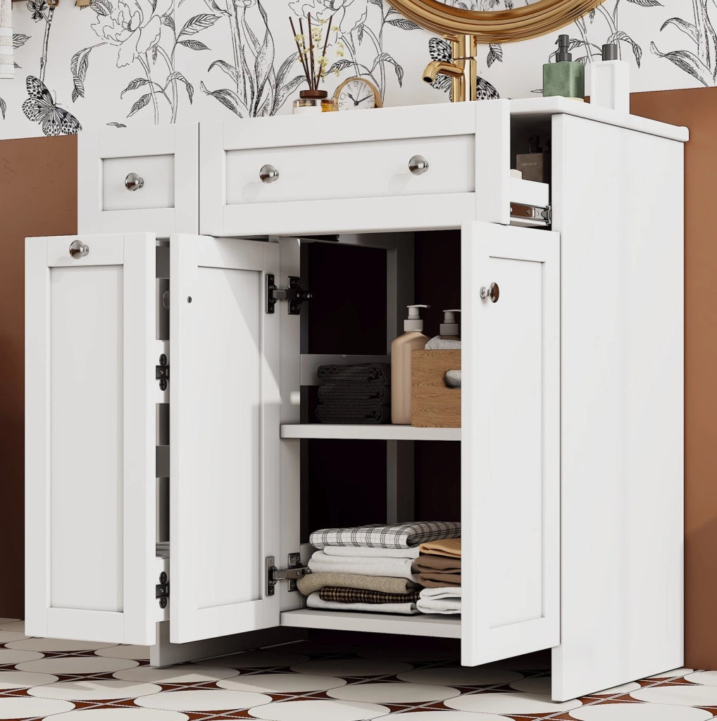 Mobile lavabo da bagno indipendente bianco con lavabo in ceramica e 3 cassetti pratici