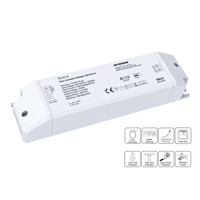 Alimentatore Dimmerabile CV 12V 40W Triac ELV Pulsante N.O. Varialuce Su 220V Per Striscia Led TE-40-12