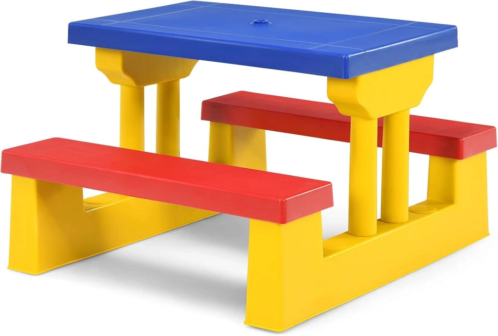 Tavolo da Picnic, Set di Tavolo e Sedie per Bambini con Parasole Pieghevole per Giardino/Terezzo/Parco, Bambini più di 3 Anni (Giallo + Rosso + Blu)