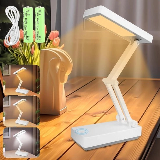 Lampada da Tavolo Pieghevole con Batteria da 3000 mAh e Controllo Tattile - Senza Fili e Regolabile con 3 Modalità di Luce per Camera da Letto, Studio, Lettura - Ricaricabile via USB e Portatile
