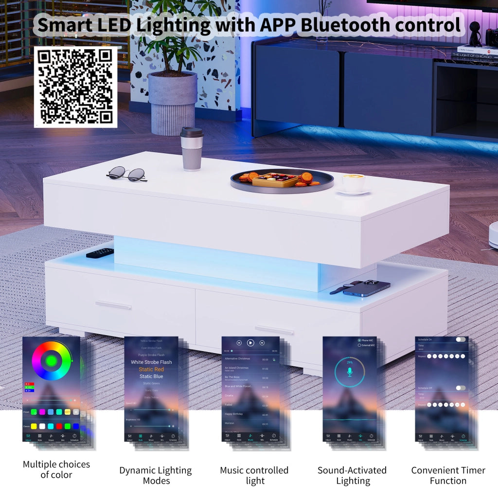 Tavolino da caffè con 2 cassetti; vano aperto e LED - per soggiorno - 100×50×44 cm