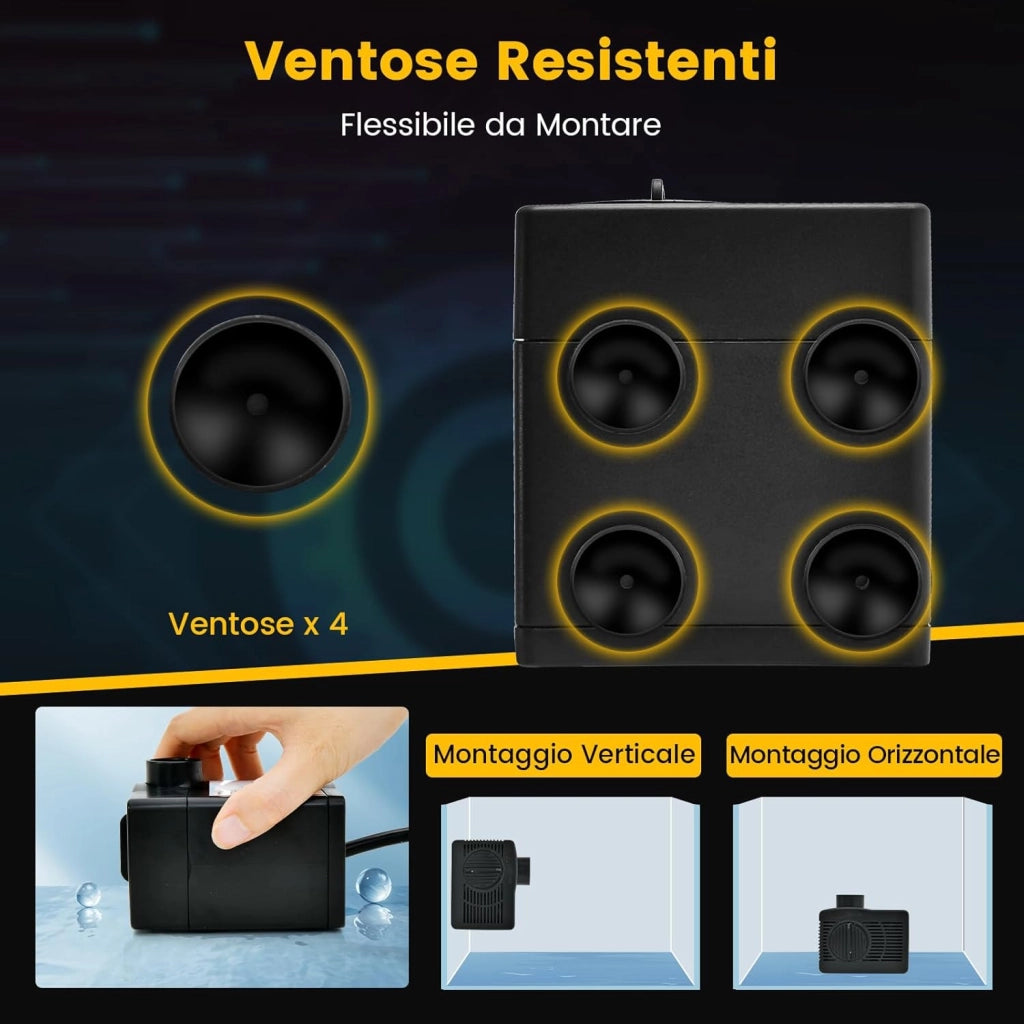 Pompa Sommergibile da 900L/H (22W)/1450L/H (30W), Pompa per Fontane con Sollevamento di 2,2/2,5 Metri, Cavo di Alimentazione da 1,83 Metri e 3 Ugelli per Acquari Idroponica Laghetto (1450L/H)