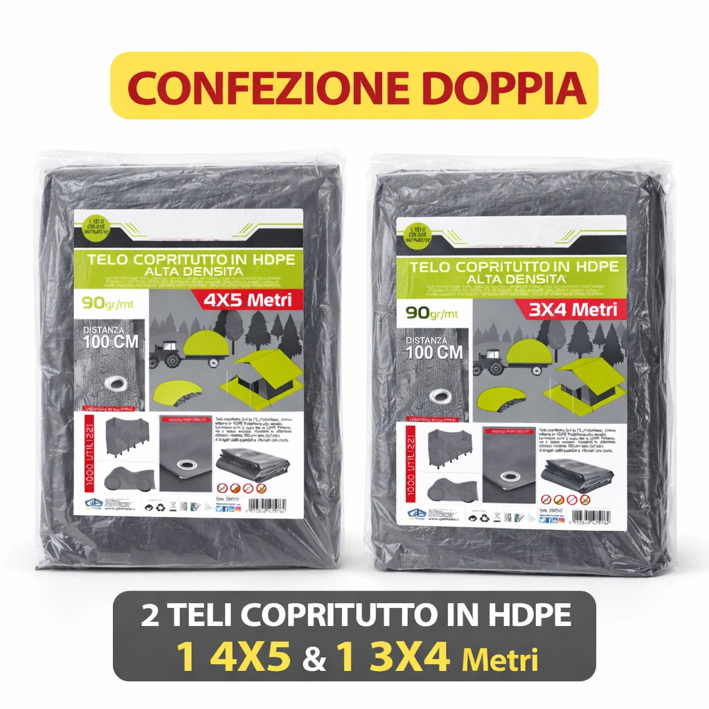 2 Teli Copritutto in HDPE 4x5 e 3x4 mt Resistenti Occhielli Alluminio Alta Densità 90gr/mq