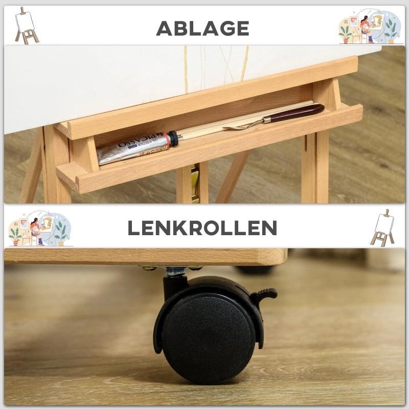 Cavalletto da artista, regolabile in altezza, con 4 ruote, colore naturale + nero
