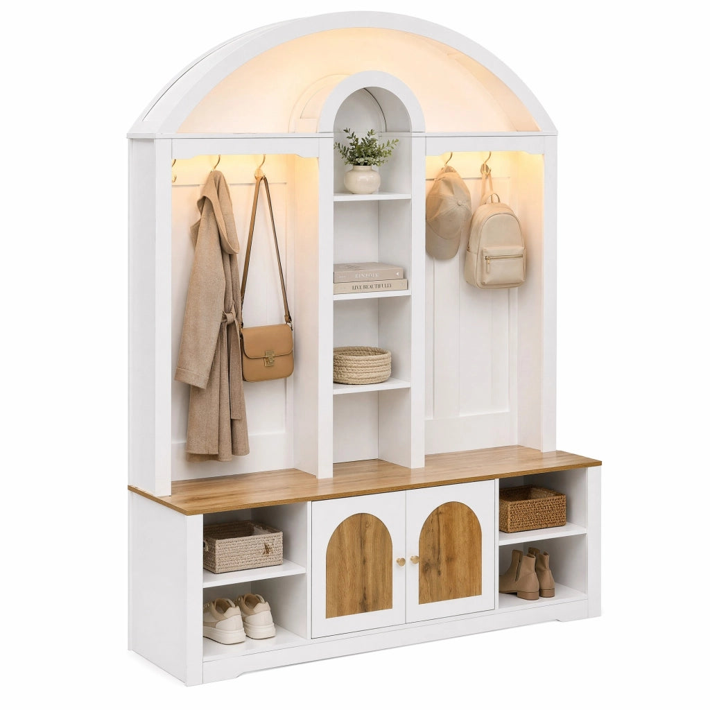 Armadio guardaroba ingresso 150x40x195 cm bianco in MDF, ganci e ripiani