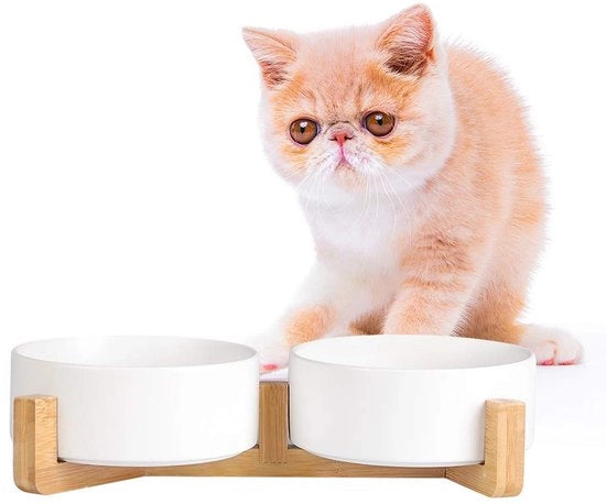 Set di Ciotole per Gatti in Legno con Standard - Doppia Ciotola Ceramica per Acqua e Cibo - Ciotola per Cane Piccolo - 2 x 480 ml