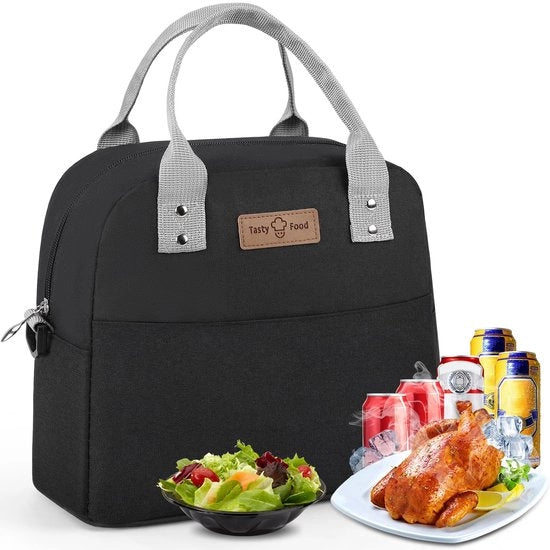 Portatile isolanti piccoli con cinturino regolabile confezionati in plastica pericolabili per viaggi di lavoro, ufficio e picnic nero