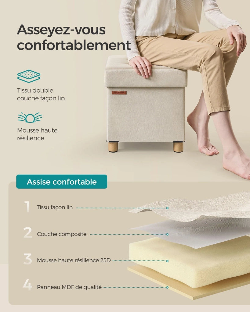 Pouf/sgabello contenitore con poggiapiedi panca pieghevole con contenitore 38 x 38 x 40 cm per soggiorno/camera da letto beige 12_0007289