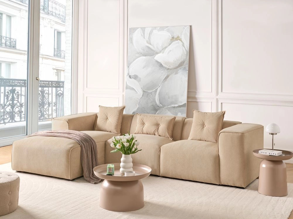 Divano Angolare Beige Velluto A Coste 3 Posti Cuscini Extra Dispersi versione sinistra stile Moderno