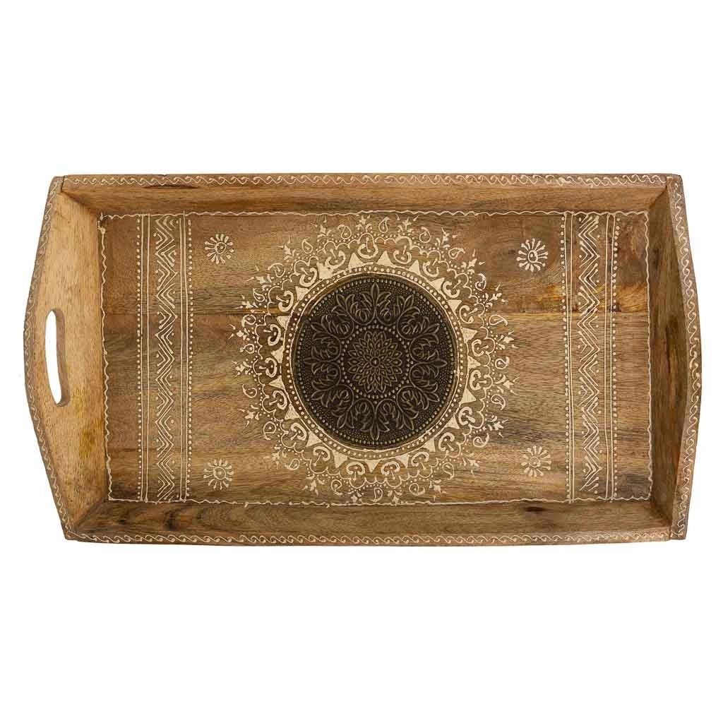 Vassoio in legno dipinto a mano con 2 manici marrone 48x25x6h cm