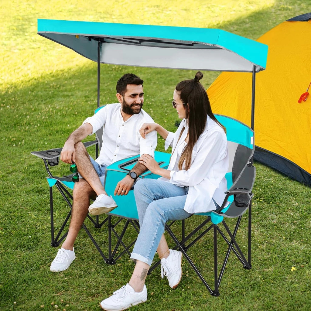 Sedie da Campeggio Pieghevoli, Panchina da Picnic a 2 Posti Regolabile con Tettoia, Sedia Portatile e Pieghevole per Campeggio, Spiaggia, Giardino (Blu Marino)