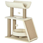 ALBERO TIRAGRAFFI PER GATTI CON LETTINO, CUCCIA E TAPPETINO, IN LEGNO, PELUCHE E SISAL, 60X30X76 CM, MARRONE CHIARO