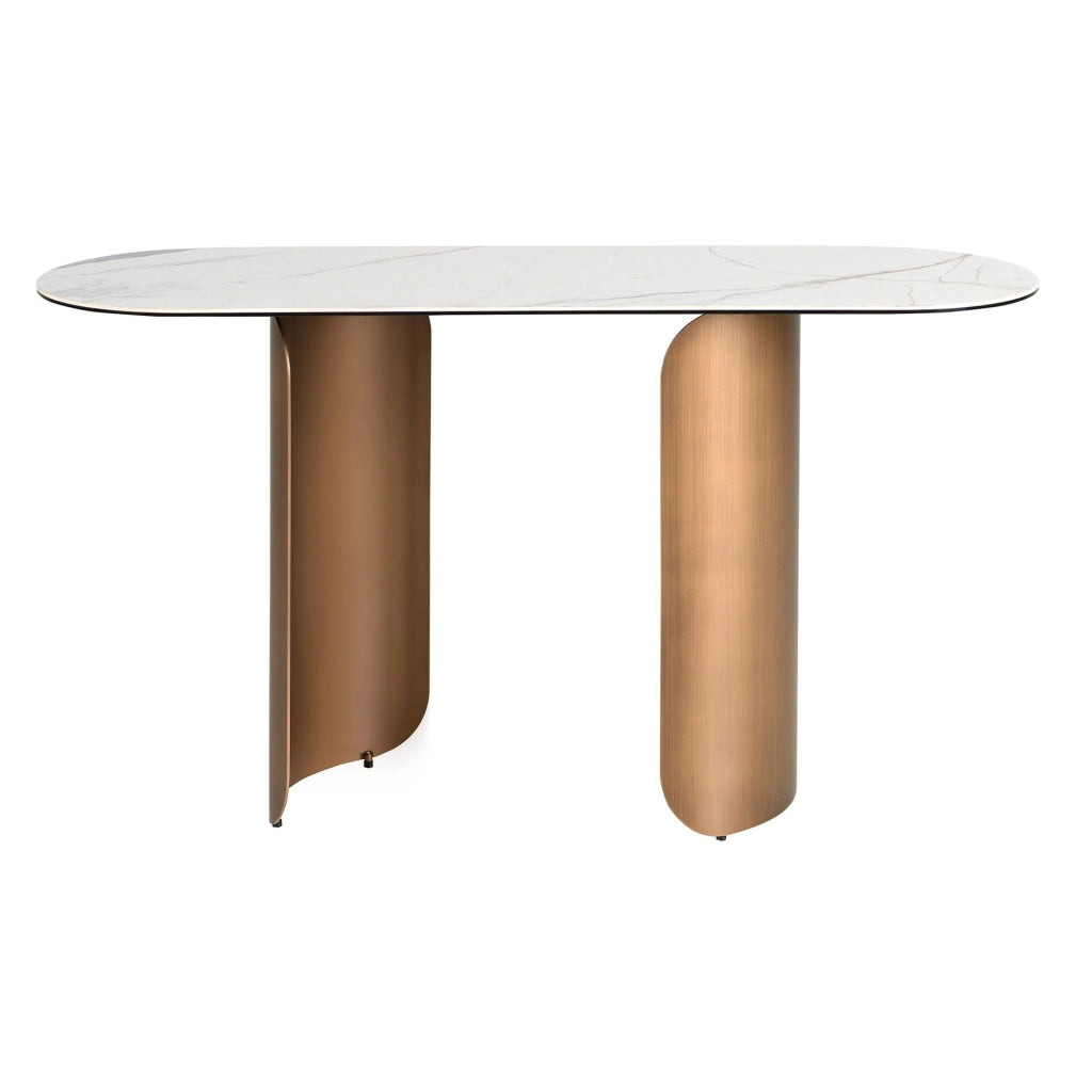 Consolle ovale a semicerchio in marmo porcellanato e acciaio color bronzo