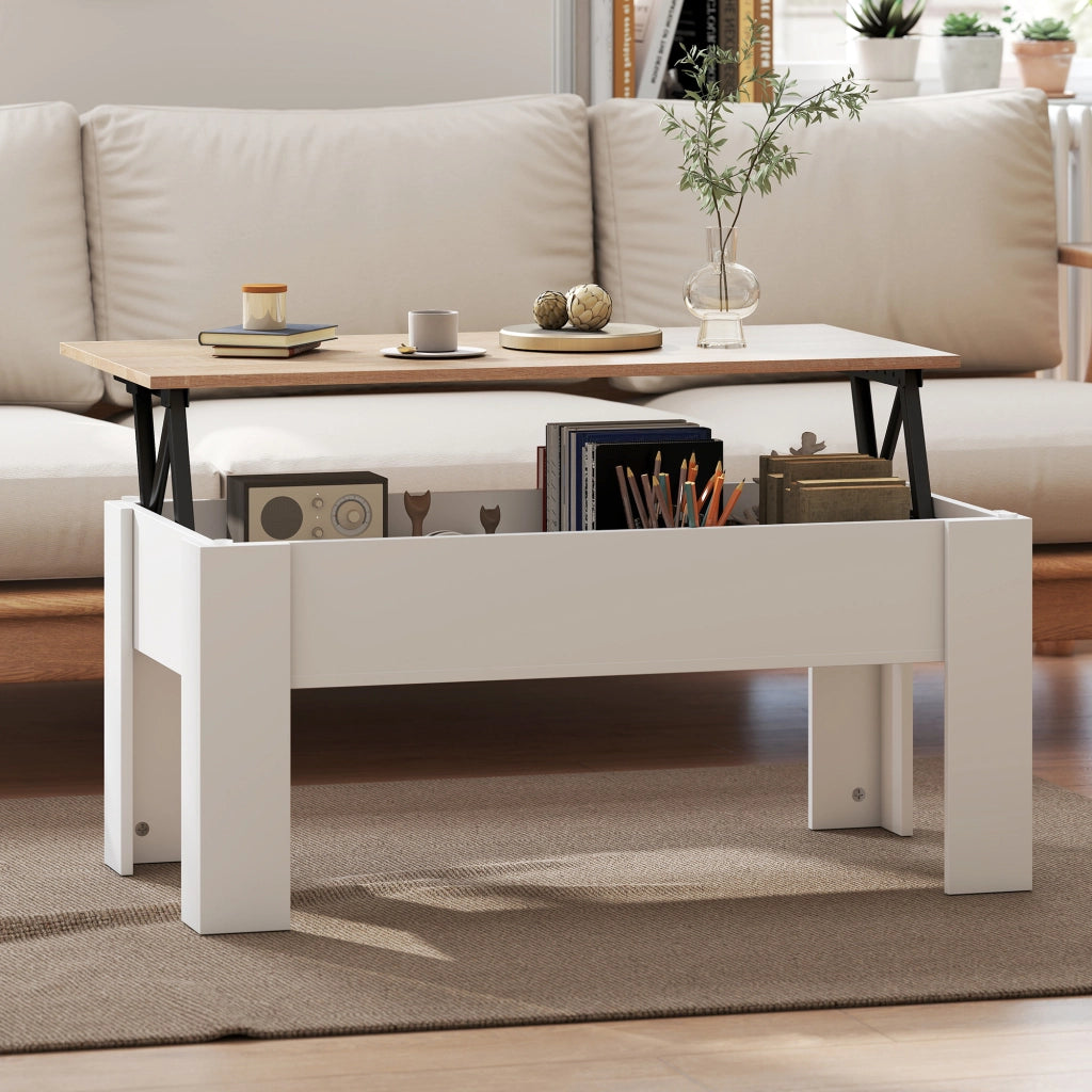 Tavolino da caff¨¨ elevabile con piano elevabile e spazio di stoccaggio nascosto ¨C Minimal ¨C 100x50x45-58,5 cm bianco e naturale