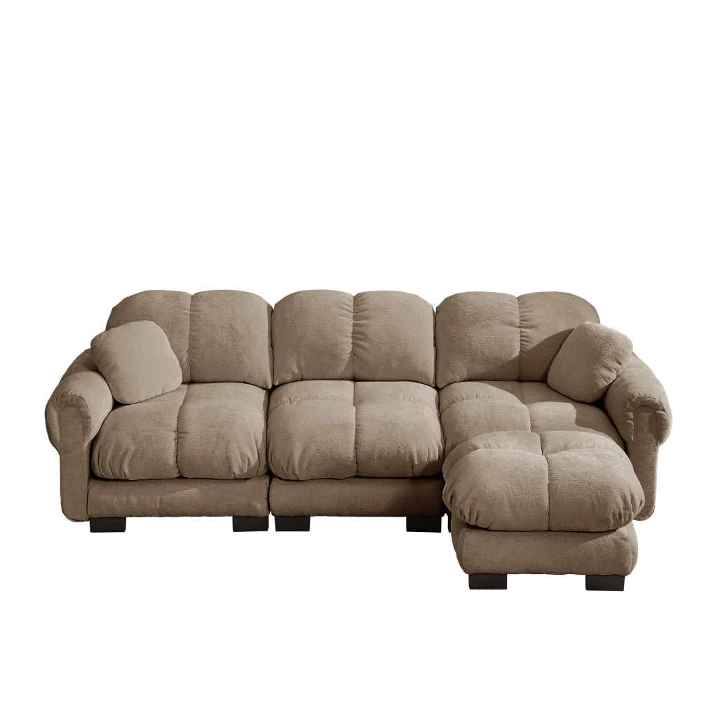 Divano angolare in ciniglia marrone con pouf mobile; 260 × 149 × 90 cm