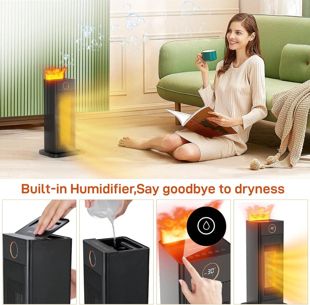Termoventilatore piccolo con funzione di umidificazione e luce ambientale, 2000 W, riscalda rapidamente, silenzioso, timer 12 ore, 3 modalità, protezione antiribaltamento, riscaldamento elettrico con