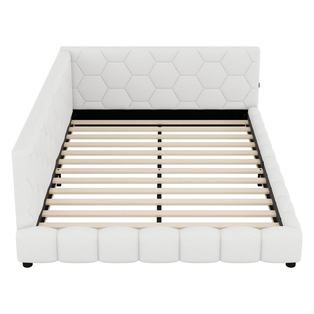 Letto matrimoniale 140×200 cm con LED regolabile; USB; Type-C e rete; senza materasso; velluto; bianco