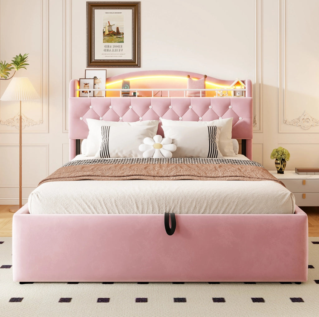 Letto imbottito 140x200 cm con contenitore idraulico; LED; USB/USB-C e rivestimento rosa