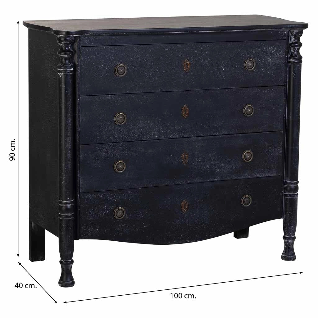 Comò in legno laccato nero invecchiato con 4 cassetti 100x40x90h cm