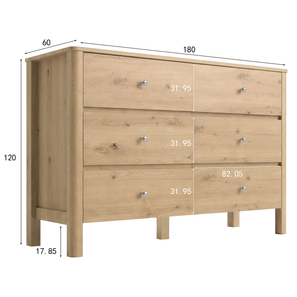 Cassettiera con 6 cassetti e guide in metallo, per soggiorno e camera da letto, in truciolare rovere, 120 × 40 × 80 cm