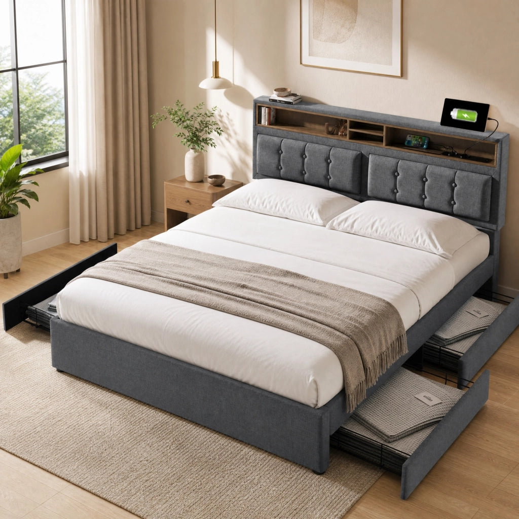 Letto matrimoniale 140x200 in lino grigio con 4 cassetti, USB/Type-C, testiera regolabile, senza materasso