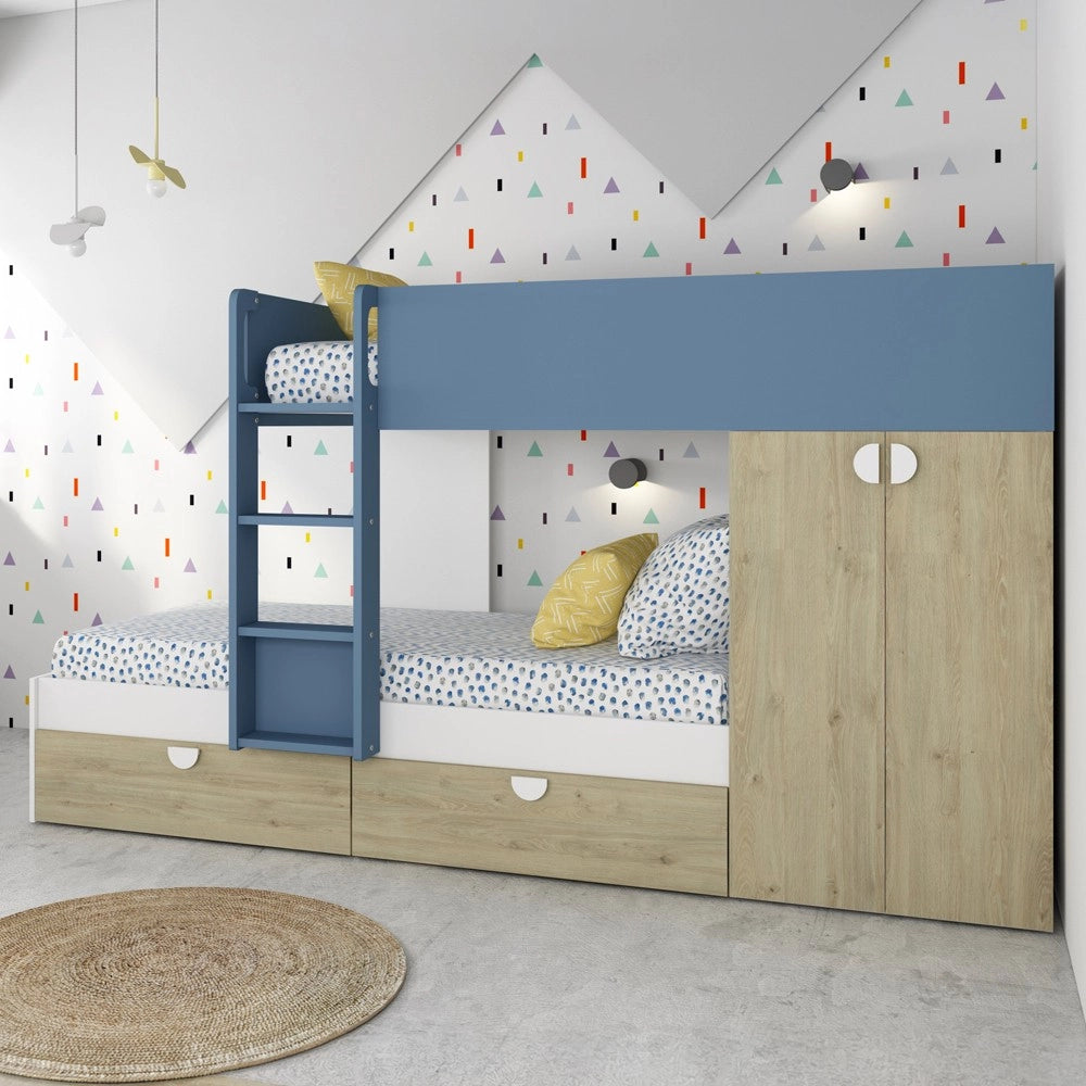Letto a castello rovere e azzurro con armadio 2 ante e cassetti