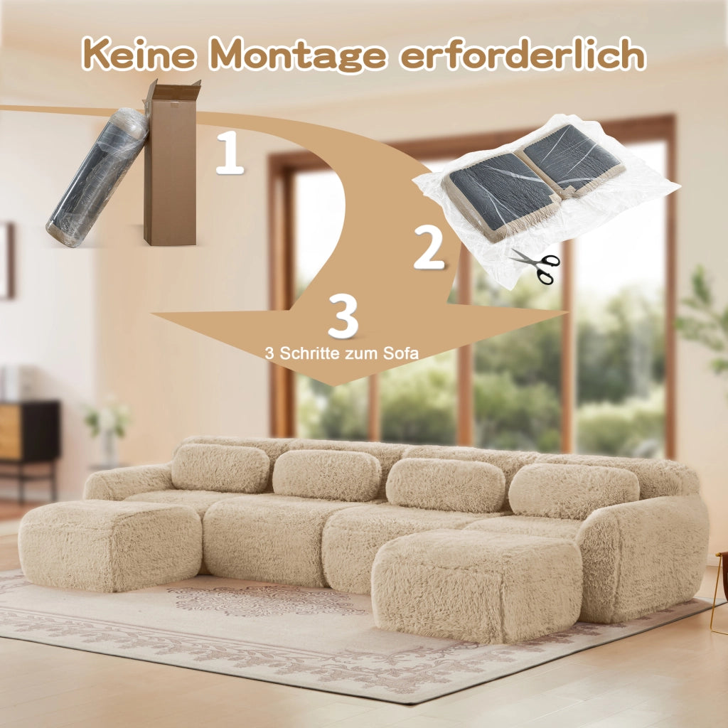 Divano Modulare ad Angolo a U con Configurazione Libera, Base Antiscivolo e Cuscini in Peluche Cachi Chiaro