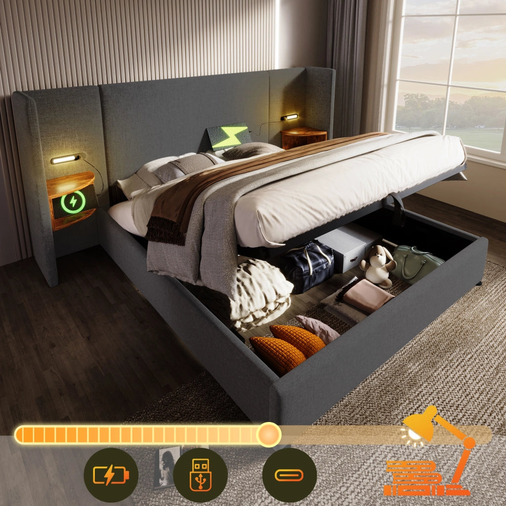 Letto Contenitore 180×200 cm; Letto Matrimoniale con USB; Tipo C e Lampada da Lettura; senza Materasso