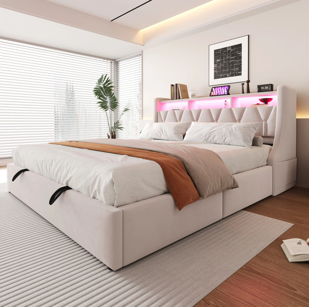 Letto matrimoniale 180x200 cm in velluto beige con contenitore; LED e testiera con prese USB/C