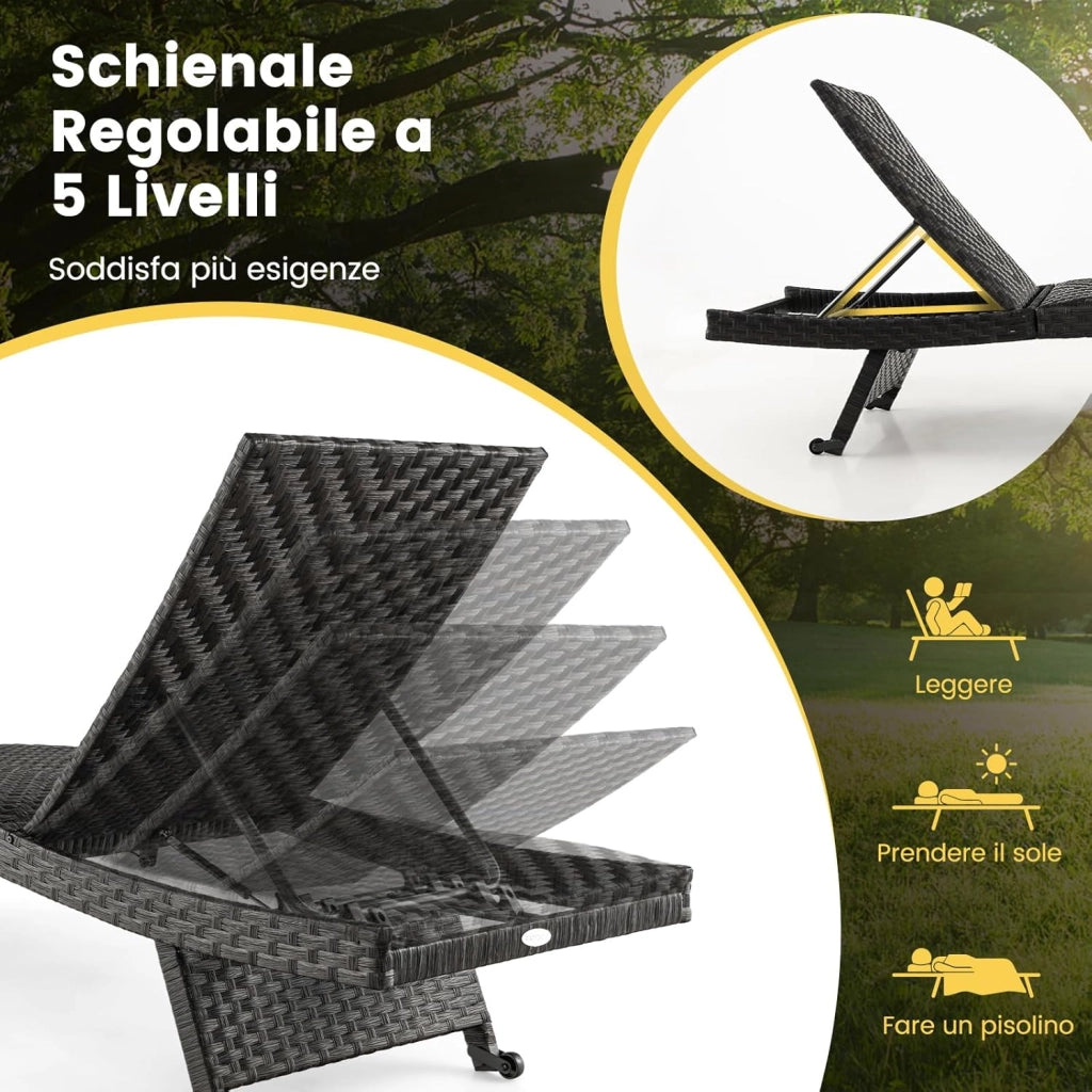 Lettino Prendisole in Rattan PE, Sdraio da Giardino Pieghevole con Schienale Regolabile, Schiuma ad Asciugatura Rapida e Due Ruote, Portata 150 kg, per Balcone Piscina