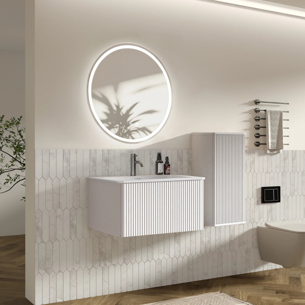 Mobile bagno con lavabo; specchio LED e colonna laterale; mobile sospeso con vano contenitore per bagno; bianco