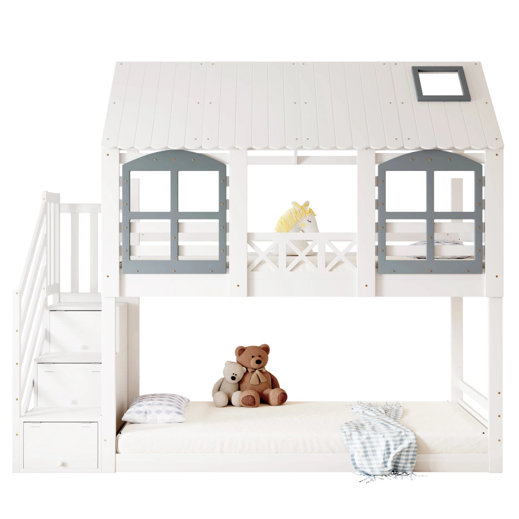Letto a castello per bambini con tetto e finestre, scala contenitore, 90x200 cm, bianco e grigio