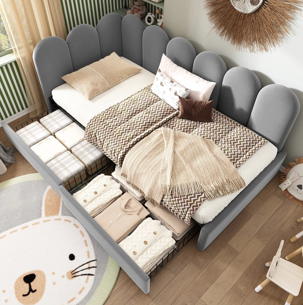 Letto singolo imbottito 90x200 cm con 2 cassetti, grigio