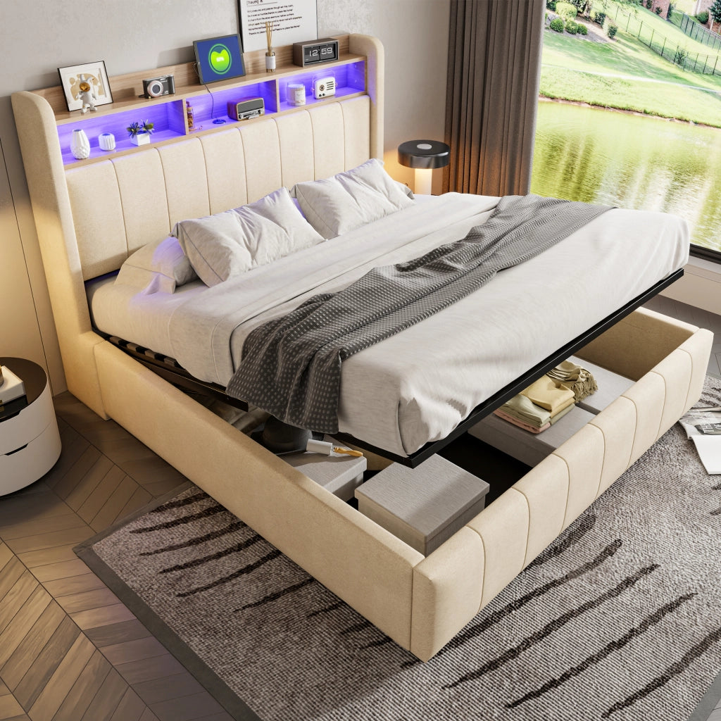 LETTO Contenitore 160x200 cm Beige in tessuto di lino con LED, USB e Type-C