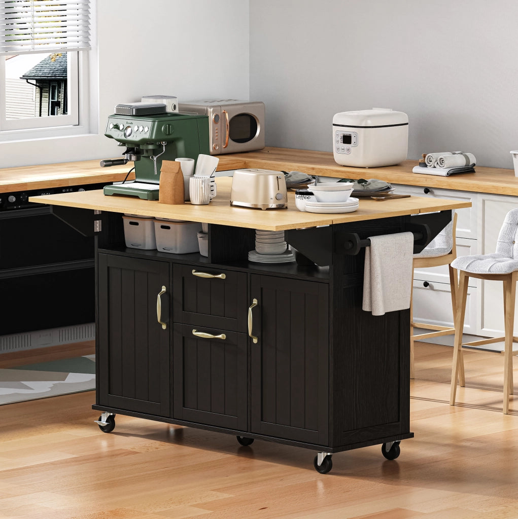 Isola cucina 120x40-60-80x92 cm con piano pieghevole e prese; in MDF e PB; nero e naturale