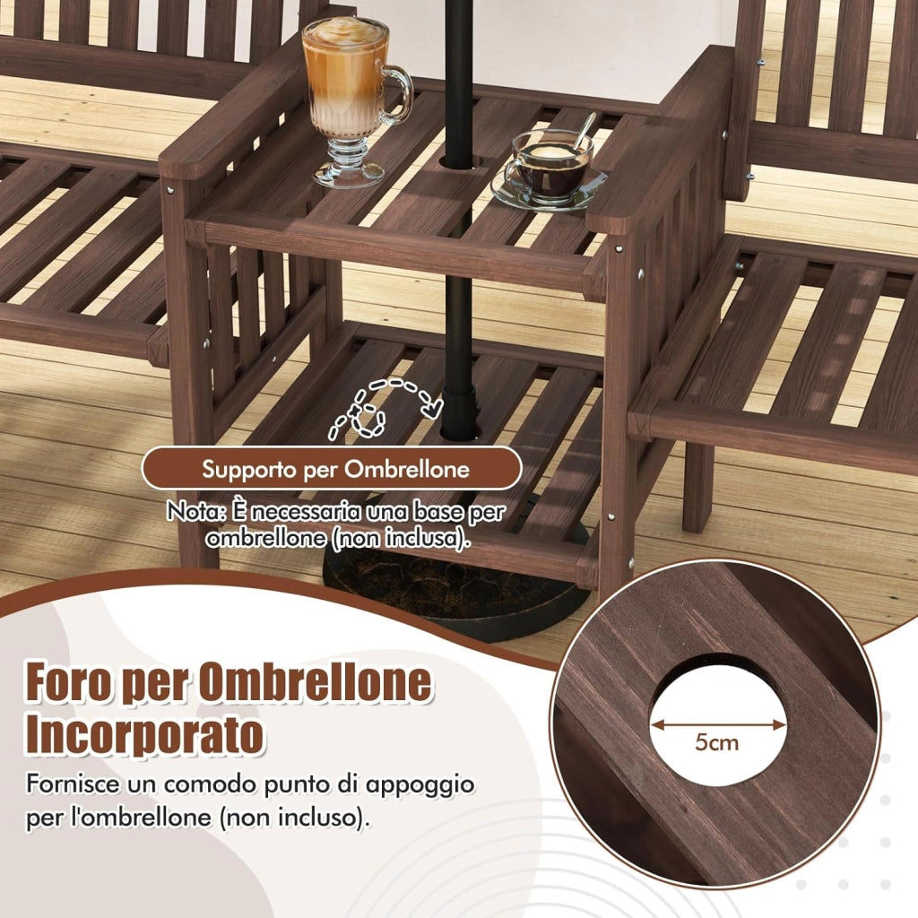 Set Tavolo e Sedie da Giardino con Foro per Ombrellone, Set di Mobili a 2 Posti in Legno Abete, Tavolino a 2 Ripiani, Sedia Portata 150 kg, Tavolino Portata 30+30 kg (Marrone)