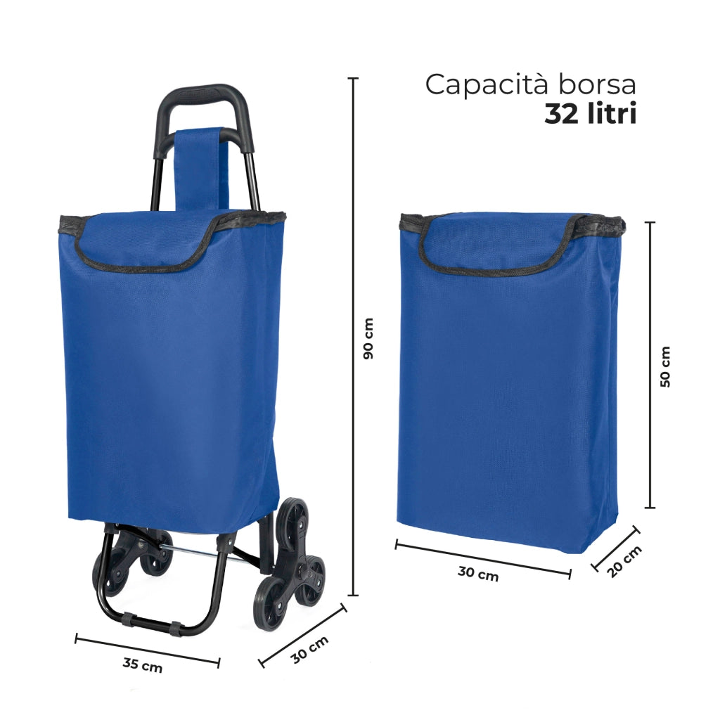Carrello Spesa Saliscale 6 Ruote Pieghevole con Borsa Impermeabile, Porta Spesa per Scale Supermercato e Casa, Struttura in Acciaio – Il Gruppone   Blu
