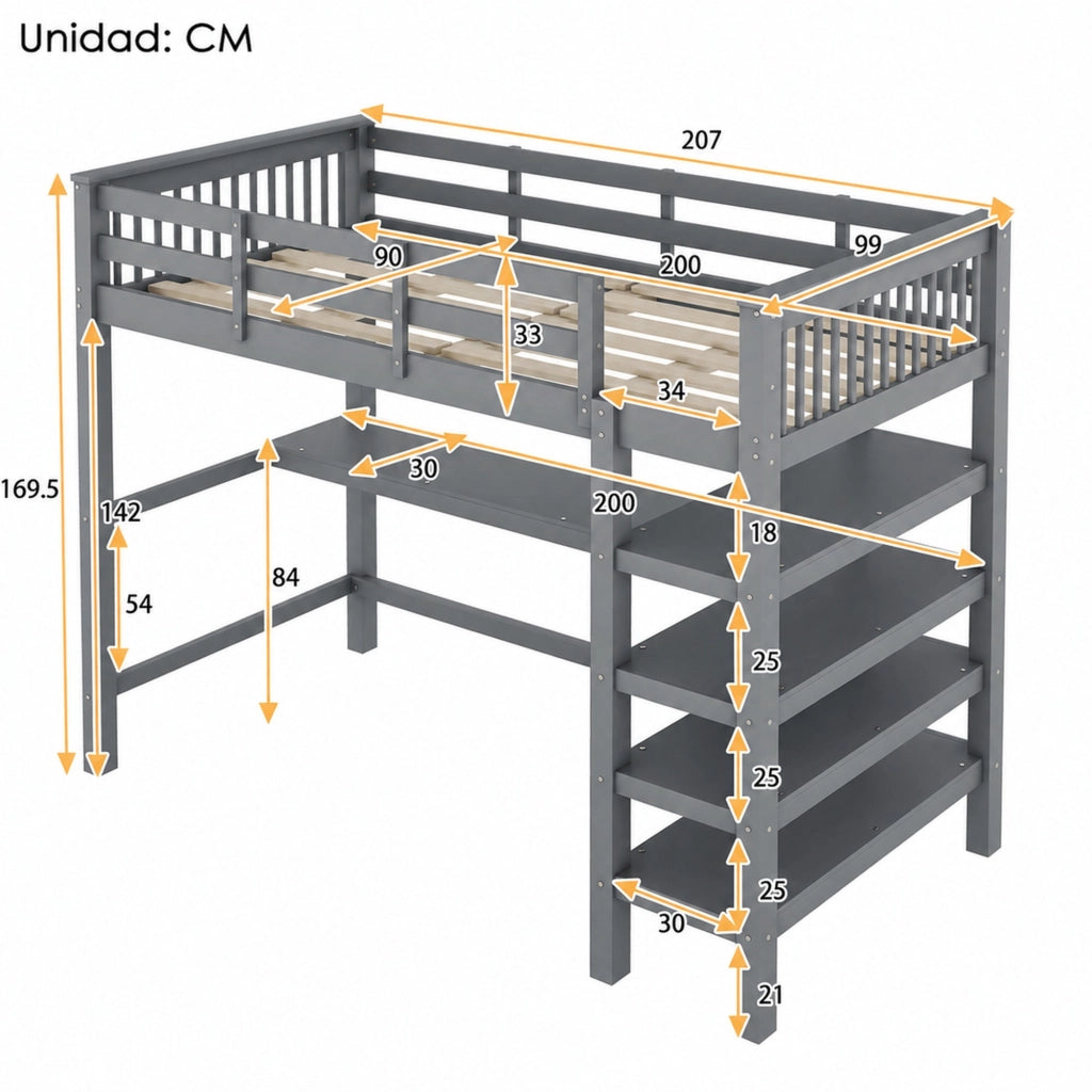Letto a soppalco per bambini 90 × 200 cm con scrivania e ripiani in legno di pino e MDF grigio