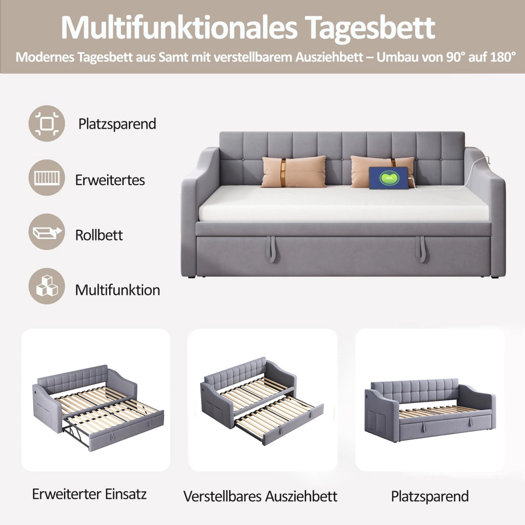 DESMIU Divano Letto 90 × 190 cm 1 posto con USB e vano portaoggetti, senza materasso, in velluto grigio