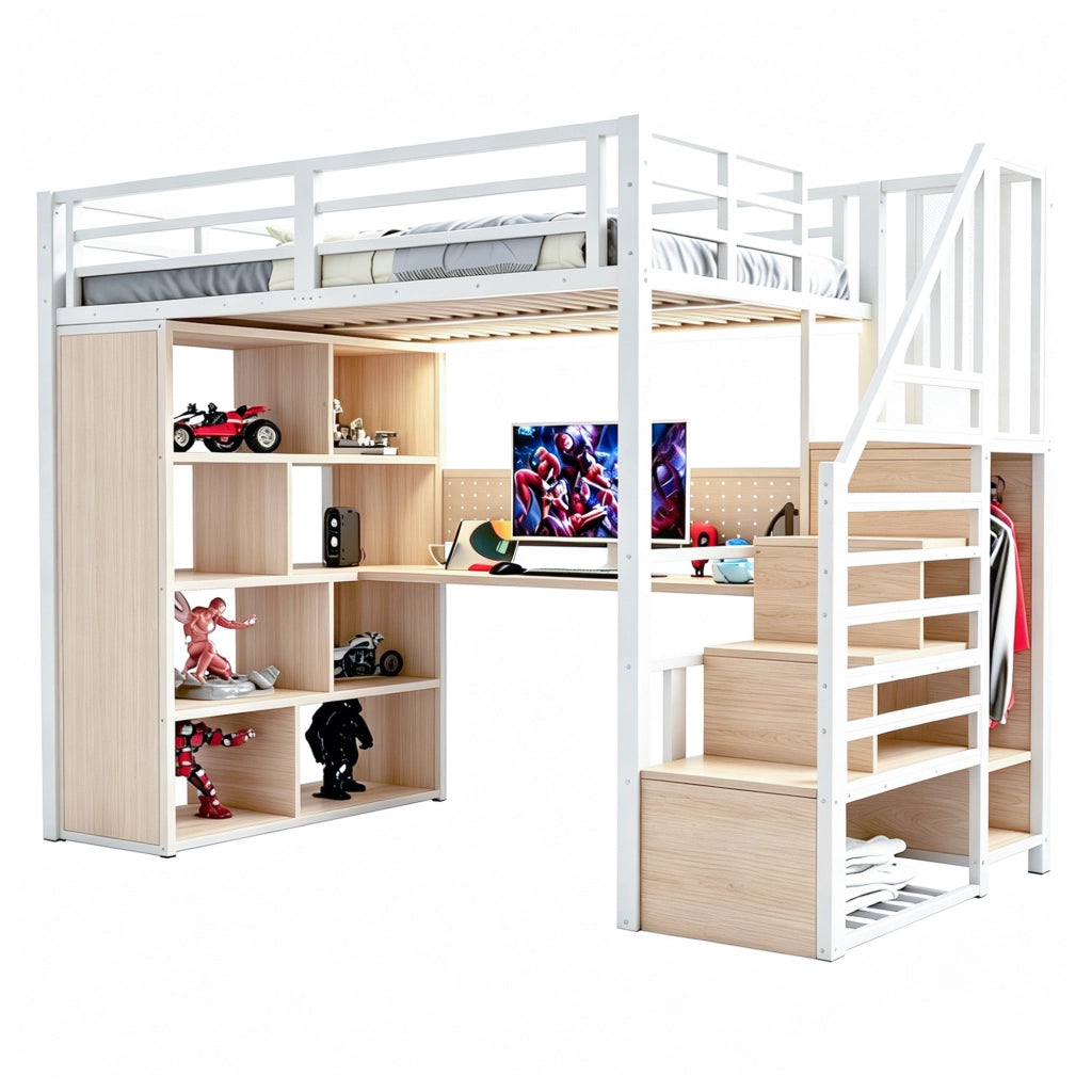Letto a soppalco 90x200 cm bianco in metallo e MDF con scrivania e armadio