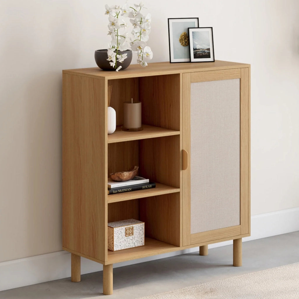 IDMarket - Credenza con 3 ripiani e armadietto 70 cm ROBIN in legno e tessuto effetto lino