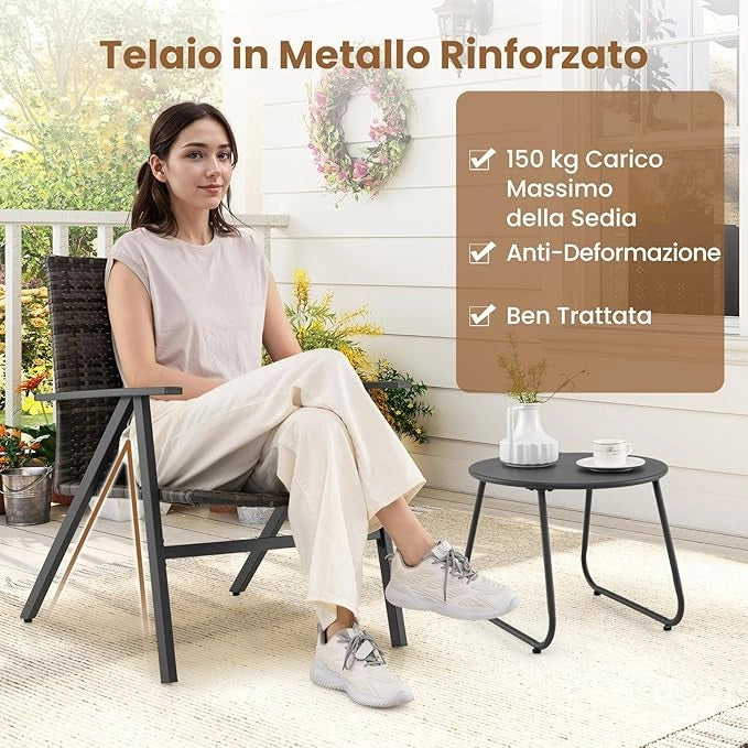 Set Tavolino e 2 Sedie, Salottino da Giardino Esterno con 2 Poltrone con Braccioli in Metallo con Schienale e Seduta in Rattan, Set da Giardino per Balcone, Veranda e Bordo Piscina