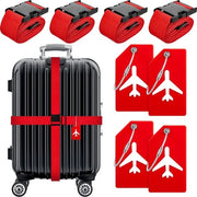 Set di cinture per valigie 8 pezzi - 4 cinture per valigie regolabili - 4 etichette per valigie in silicone con tessere di identificazione - cinture per valigie - cinture per valigie per la stesa - accessori da viaggio - colore rosso