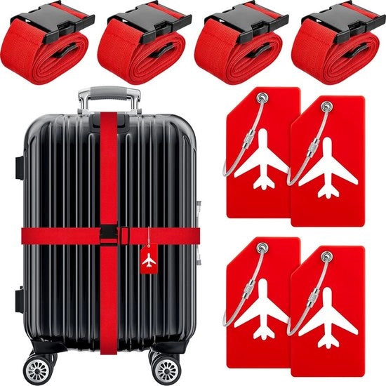 Set di cinture per valigie 8 pezzi - 4 cinture per valigie regolabili - 4 etichette per valigie in silicone con tessere di identificazione - cinture per valigie - cinture per valigie per la stesa - accessori da viaggio - colore rosso