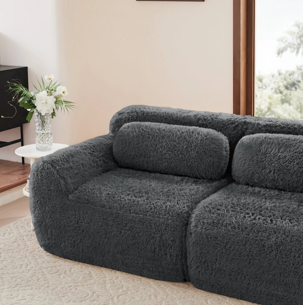 Divano modulare angolare in tessuto peluche grigio; senza montaggio