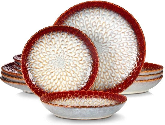 Servizio da Tavola per 6 Persone - Set di Piatti e Ciotole - 12 Porcellane - Set Completo per 6 Persone - Set di Ciotole per 12 Persone - Colore Rosso