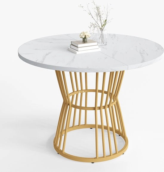 Tavolo Cucina, Bianco con gambe metalliche (1 pezzo), struttura metallica robusta in MDF, tavolo da pranzo moderno in marmo o tavolo da colazione e sala da pranzo, bianco/oro
